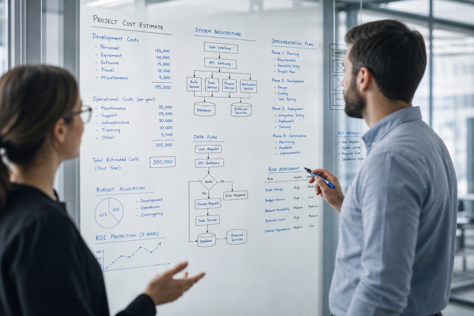 Two consultants estimating project cost and architecture on a whiteboard